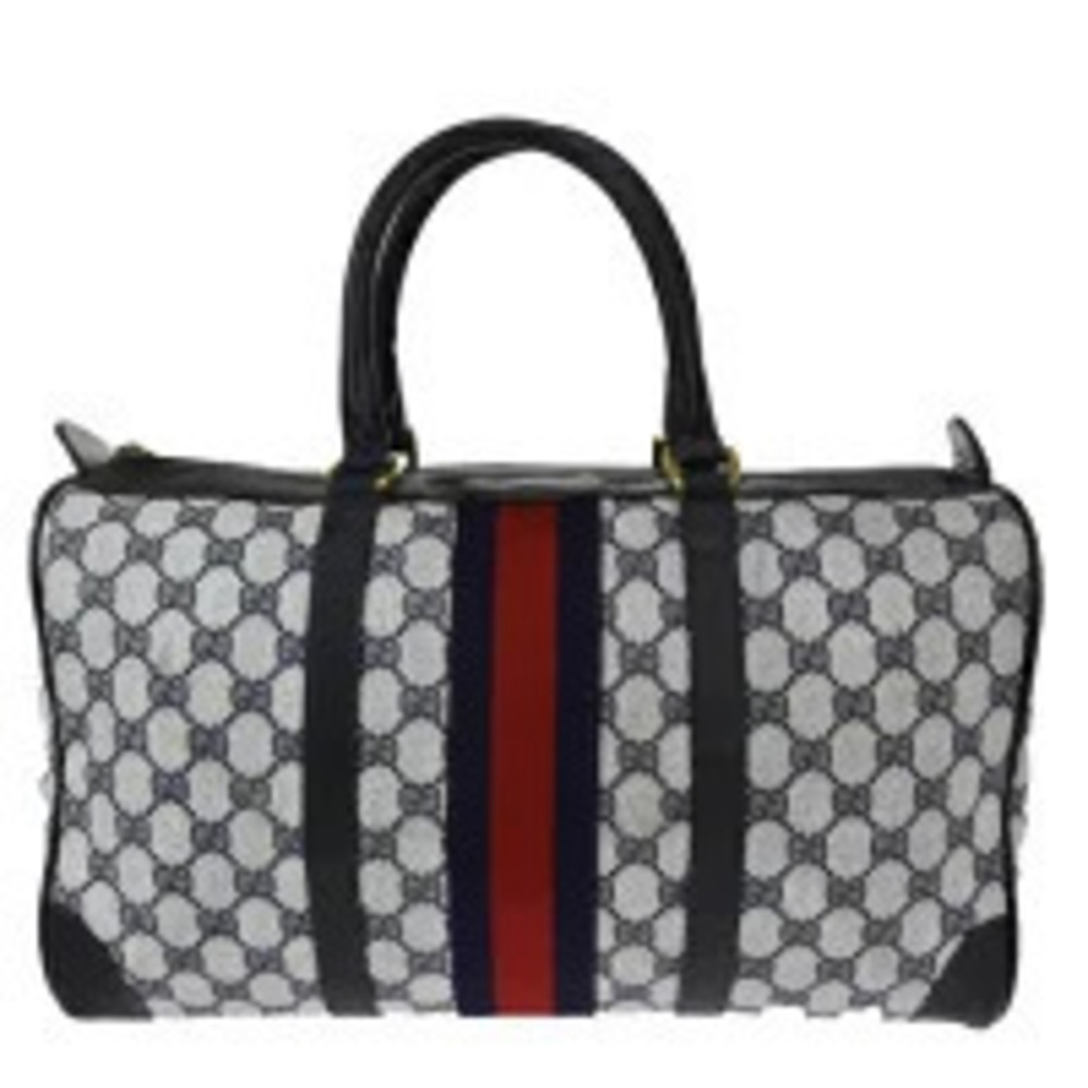 Gucci Sherry Handbag Boston Bag GG Navy Blue Red Leather